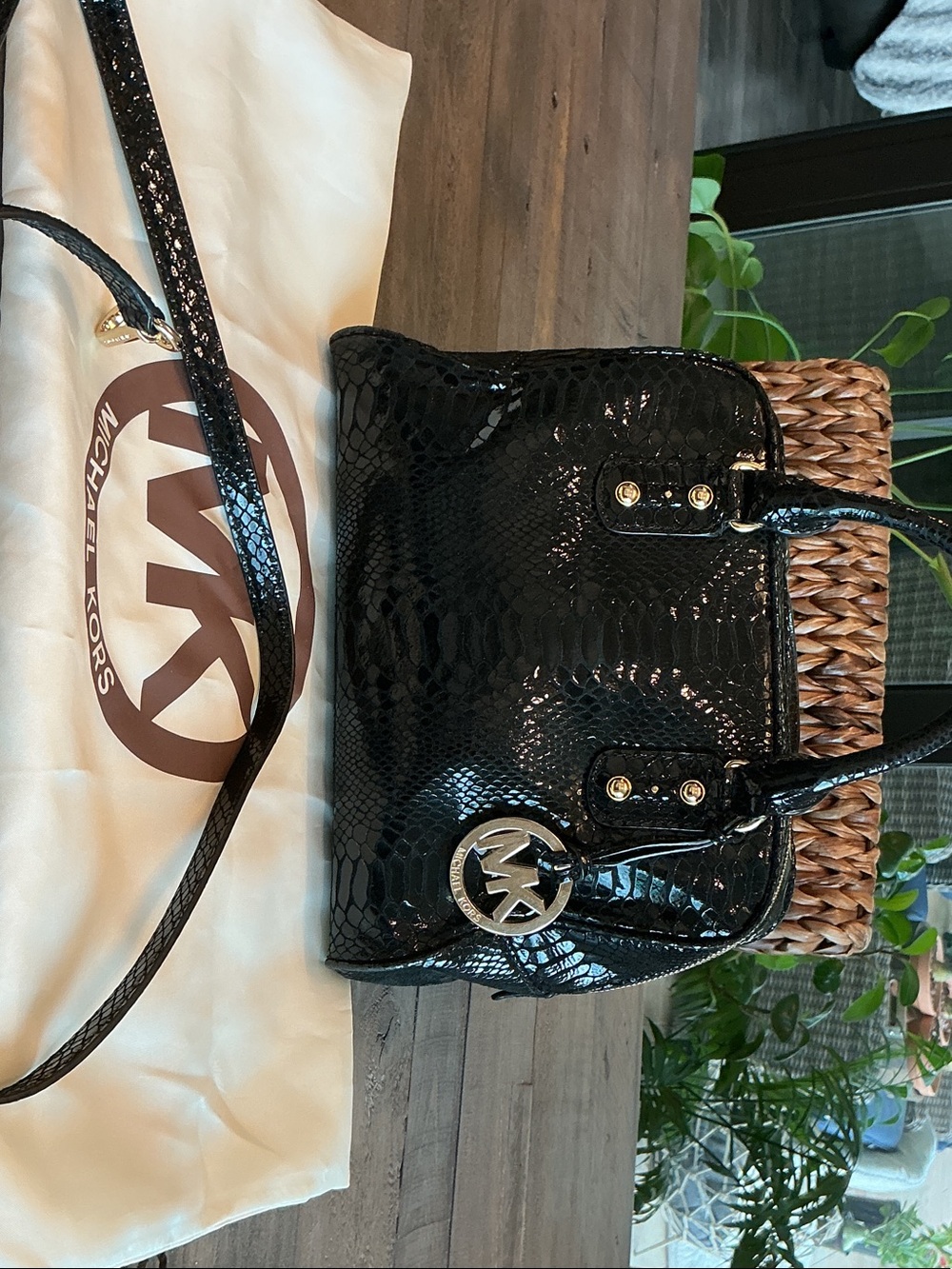 Michael Kors Black Patent Snake-Embossed Tote with Gold MK Charm